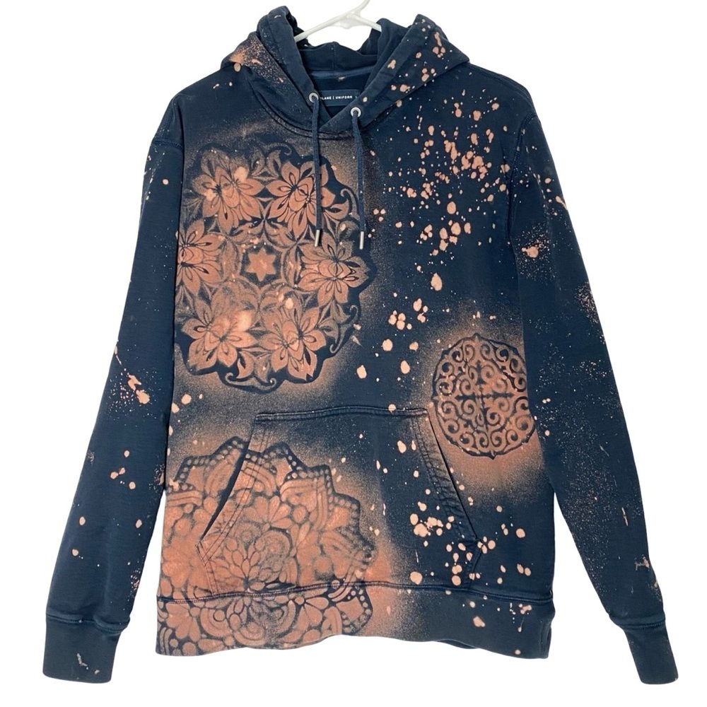 Upcycled Floral Sweatshirt Hoodie Mens Size Large Unisex Pullover Mandala Navy